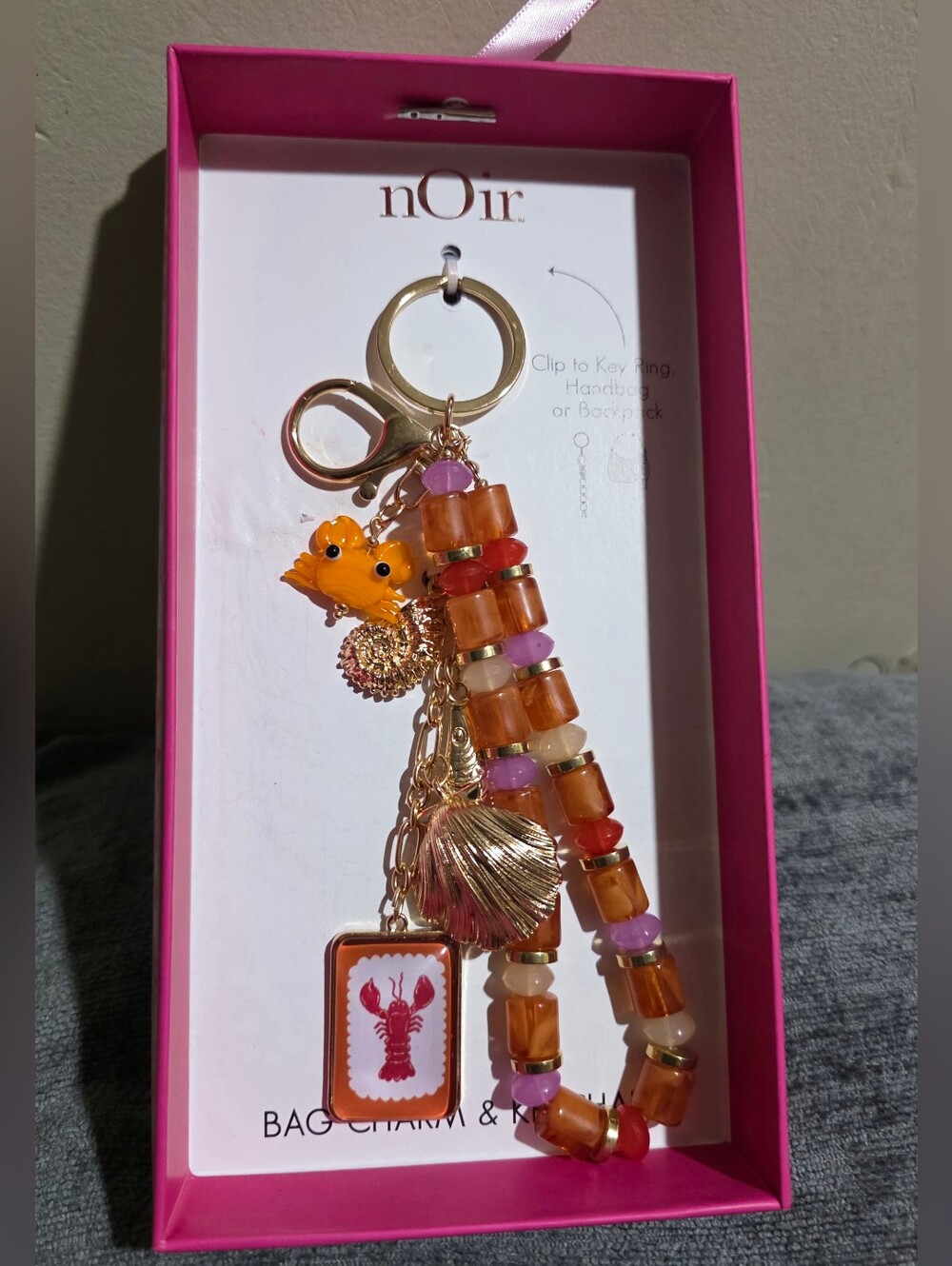 nOir Orange Beaded Lobster Bag Charm and Keyring